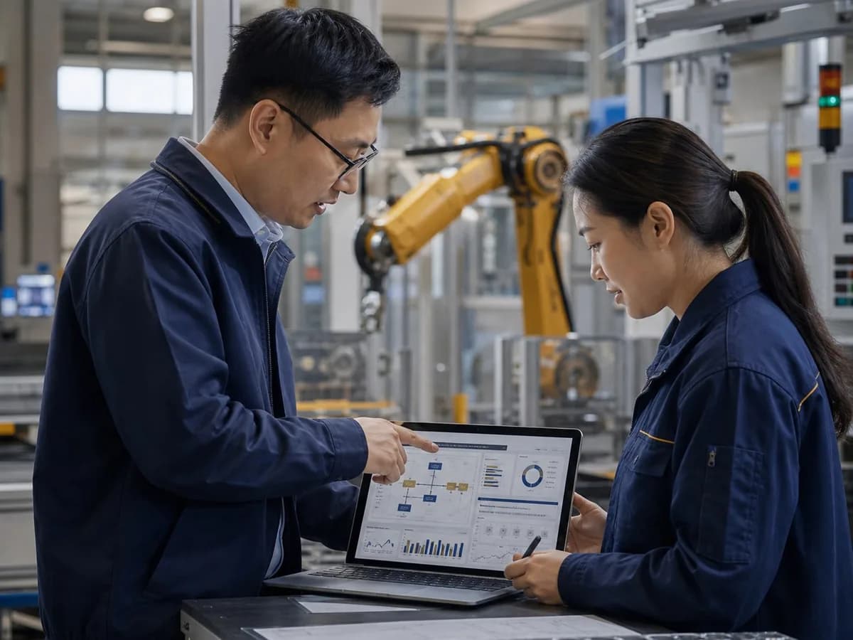 Two engineers reviewing a production dashboard on a laptop, with a robot arm on the factory floor behind them.