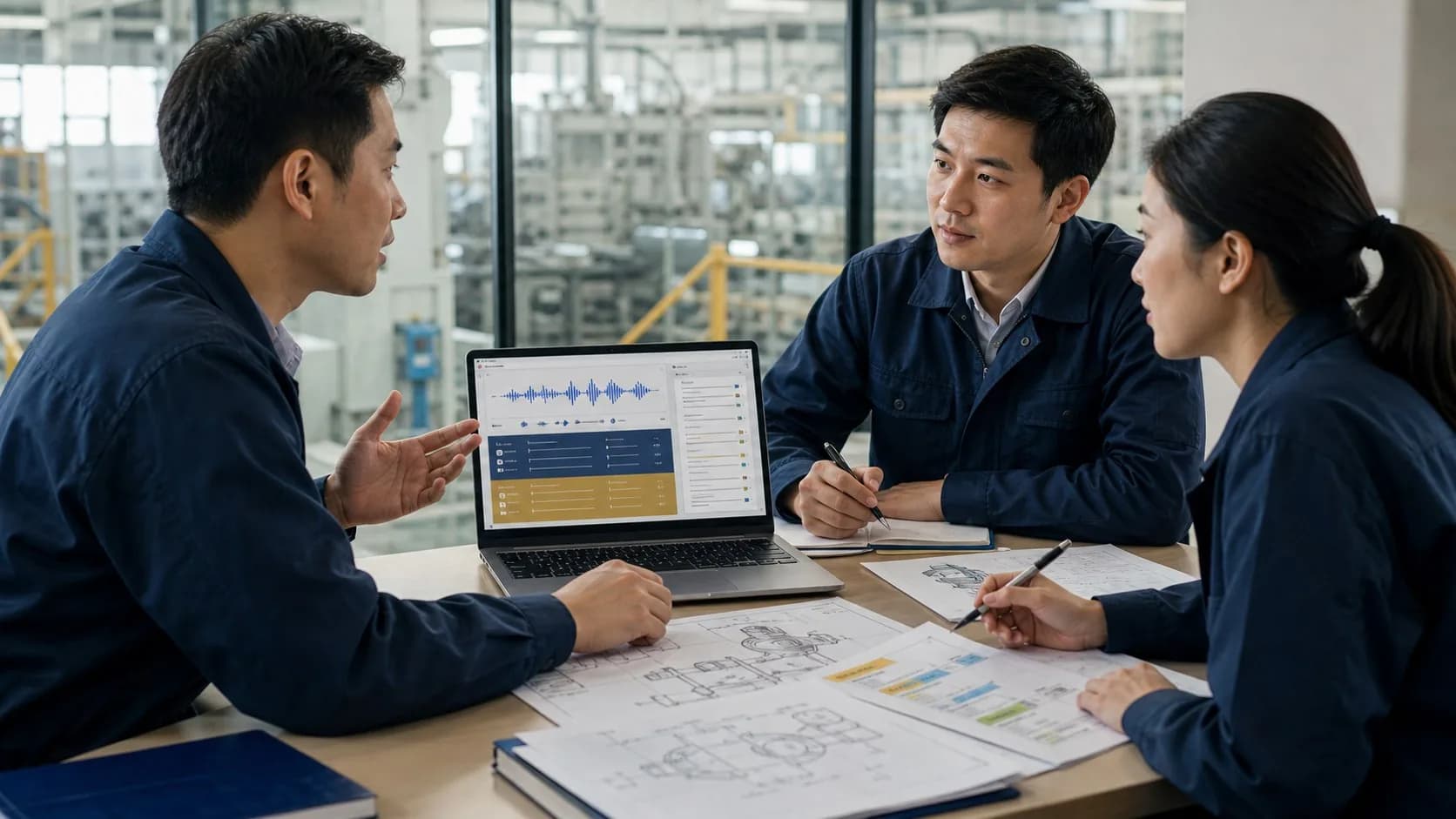 Illustration of engineers using a system for real-time interpreting and technical-document translation in a factory meeting.
