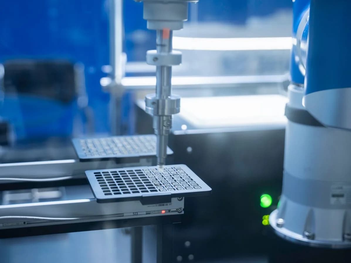 Precision workstation inspecting a tray of electronic components under inspection lighting